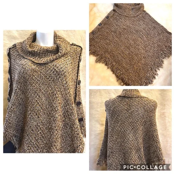 Cowl Neck Fringed Poncho - Picture 1 of 16